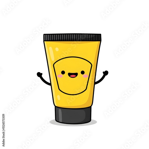 Cute yellow tube with smiling face, arms, and black cap and base against a white background.