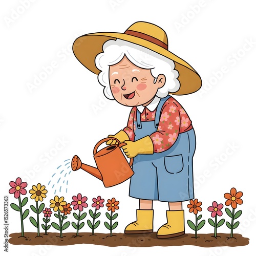 Elderly woman with white hair tending to flowers in garden, watering with care, wearing yellow hat.