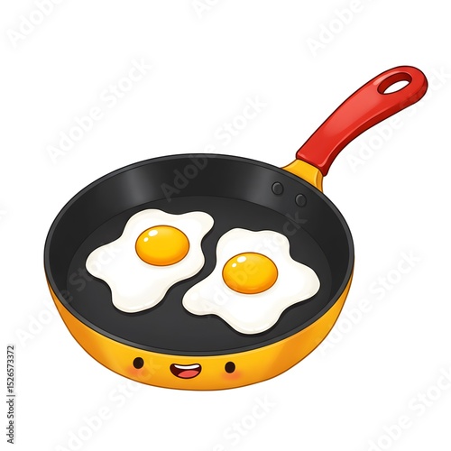 Cartoon illustration of a frying pan with two sunny-side-up eggs and a smiling face on a white background.