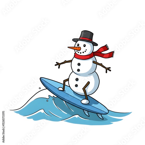 Cartoon of a cheerful snowman surfing on a bright blue surfboard, riding a wave with a red scarf and hat.