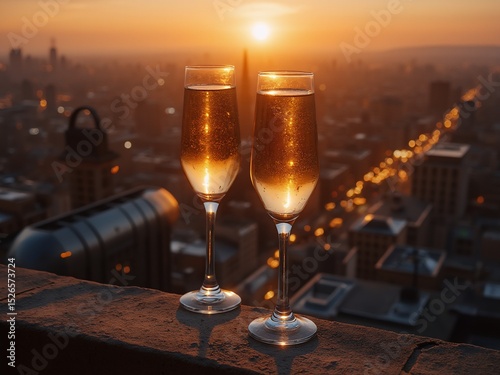 Two champagne glasses on a rooftop ledge at dusk, celebrating life with city lights and golden glow.