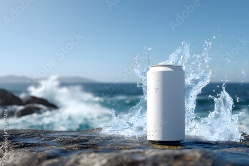 White Beverage Can Splashing in Ocean Waves Against Rocky Shoreline
