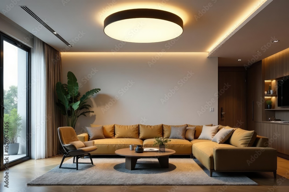Fototapeta premium Modern minimalist ceiling light fixture illuminating a contemporary living room , stylish, bright, interior