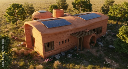Earthen home with solar panels amidst flora