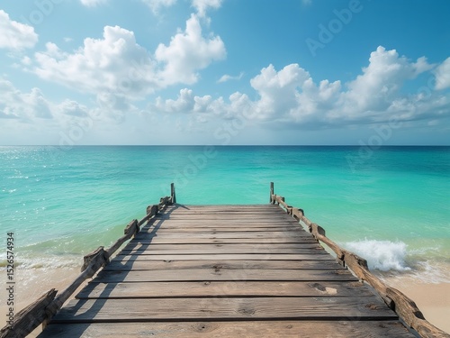 Wooden dock stretching into turquoise waters, serene beach backdrop. Tranquil escape into nature's beauty.