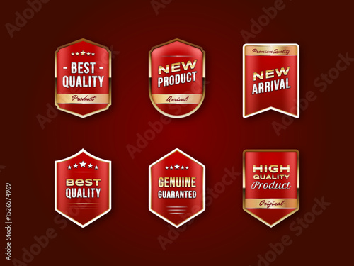 Set of red and gold premium promotional badges with text like best quality, new product, high quality, perfect for sale and marketing design.