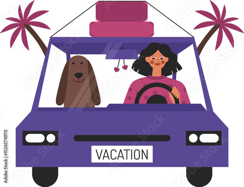 girl vacation with dog in the car vector illustration