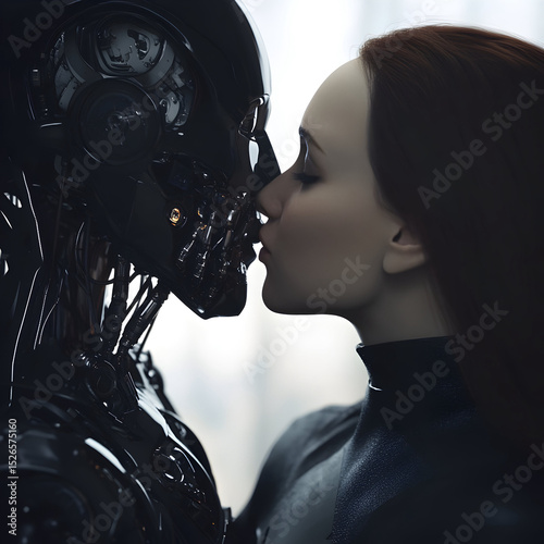 Male robot kissing a female cyborg robot