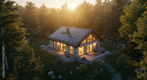 Eco home nestled among pines at sunset