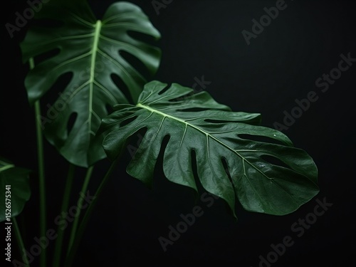 Monstera leaf texture in close-up, tropical foliage details. Nature's intricate patterns on bold green canvas.