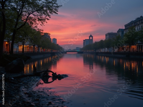 Twilight serenity by the urban river, where water mirrors the fading day