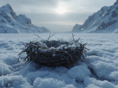 Fossilized bird nest in Arctic ice, snowflakes falling, ancient wildlife discovery concept