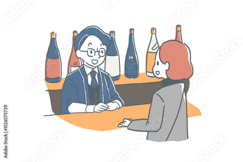 酒屋で接客している男性店員と女性客のイラスト