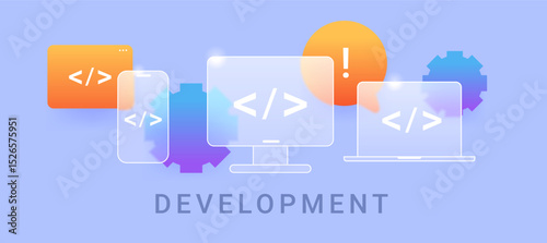 Development composition on blue background. Glass morphism technology vector illustration