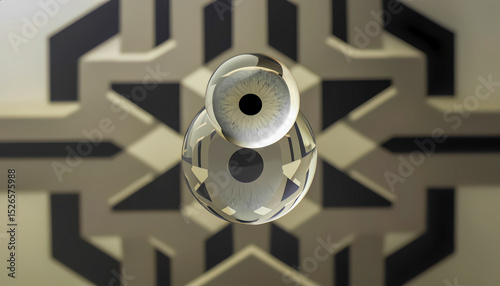 Surreal floating eye with geometric background in neutral tones