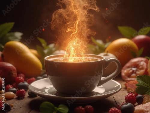 Steaming coffee with glowing anti-aging particles, fresh fruits backdrop, symbolizing longevity science and wellness.