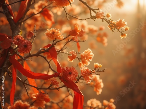 Taegeukgi ribbons and mugunghwa flowers, symbolizing Korean pride and liberation, with traditional hanbok softly in the background