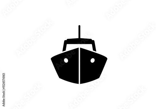 A front view of a black ship icon with a cabin on a white background in a simple graphic style