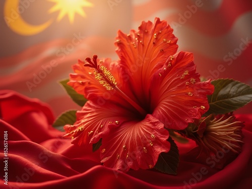 Vibrant hibiscus wreath with golden accents on red silk, celebrating Malaysia's National Day with festive elegance.