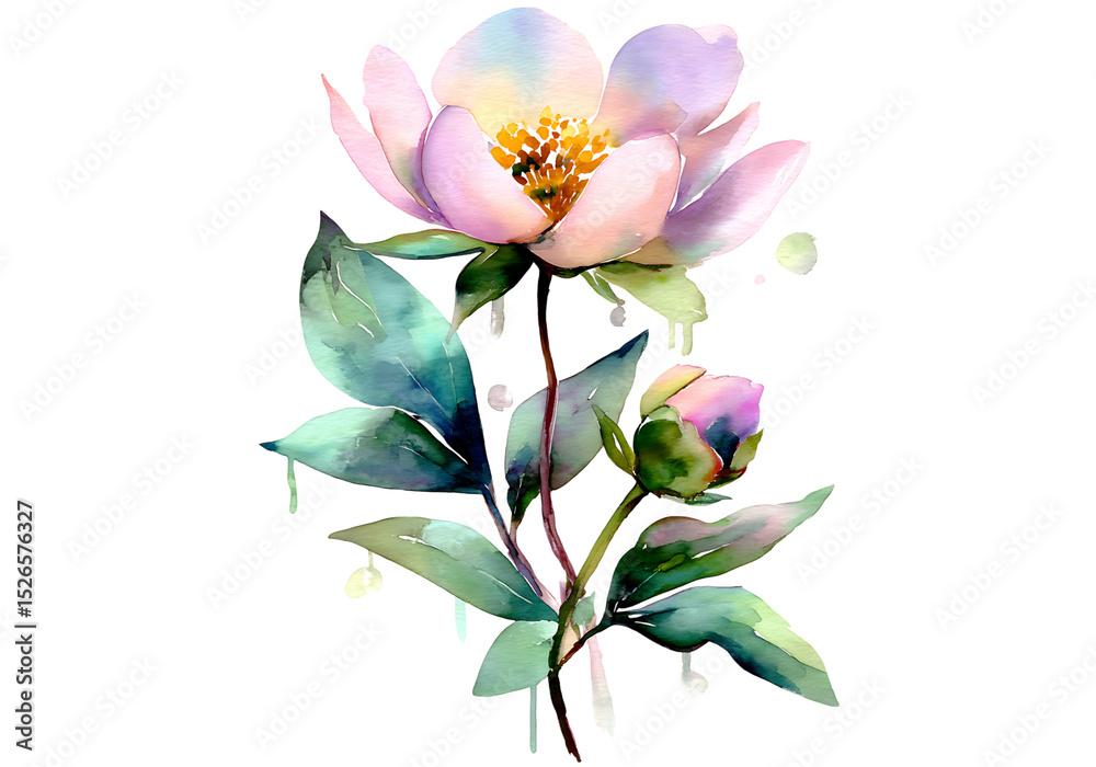 Fototapeta premium Watercolor peony flower painting blooming botanical art, On Transparent Background