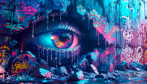 Vibrant graffiti art featuring large eye mural on urban wall with neon colors