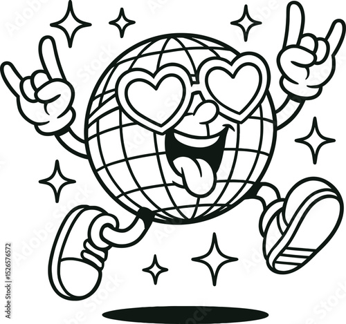 Black and white outline Happy Disco Ball Mascot with Heart Glasses Surrounded by sparkling stars and showing playful expression. Perfect for retro party, music event, or celebration themes