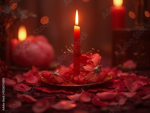 Two red silk threads with magpie motifs, peony petals on dark velvet; love and tradition in Qixi Festival's dreamy glow.