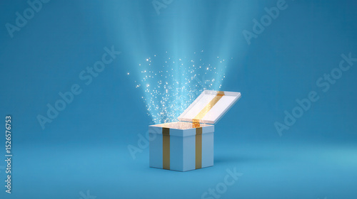 A gift box with a shining effect is open, releasing sparkles and light against a vibrant blue background, evoking joy and celebration