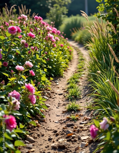 dirt path winding through wild roses and tall grass, mid afternoon light, subject on left under sunbeam in lightwave style, clear copy space on right.