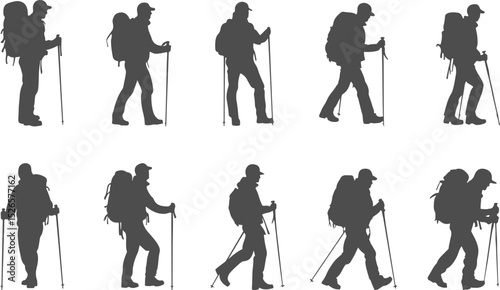 Set silhouettes of mountain tourist isolated on transparent background. Vector graphics