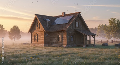 Rustic cabin embracing solar energy amid tranquil meadow