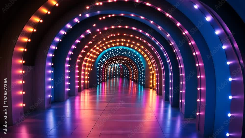 Illuminated tunnel corridor with arches, colored lighting, and glossy floor reflection
