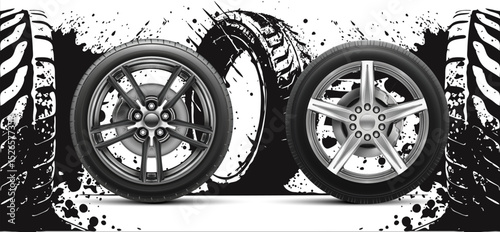Two car tires are showcased side by side, featuring different designs. A vibrant mural in the background emphasizes movement and power, enhancing the visual contrast of the tires.