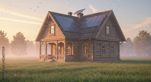 Rustic cabin with solar panels at dawn