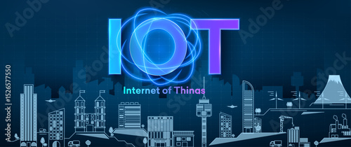 A vibrant illustration depicting the concept of Internet of Things. The design includes an urban skyline with technology symbols, showcasing innovation in daily life and connectivity.