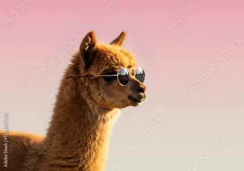 Funny alpaca wearing sunglasses at sunset