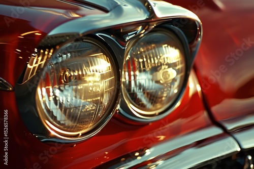 Golden sunset light glints on the gleaming chrome and glass headlights of a classic red car