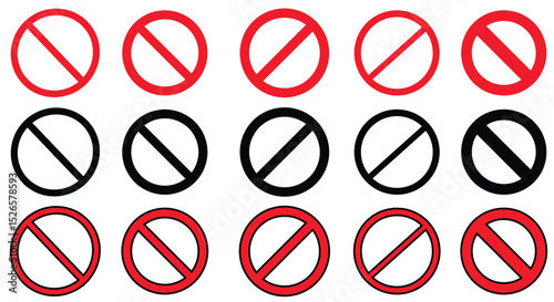 Free Download Set of Red and Black Prohibition Circle Signs with Diagonal Slash Lines — Universal Symbols for Warning and Restriction - GFXLoad