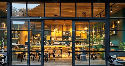 Restaurant interior design featuring glass walls, wooden walls and ceiling and overhead lighting, a cafe with tables and chairs