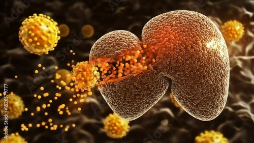 Cell destruction by pathogens.  Damaged cell with outward projections of particles.  Surrounded by other cells