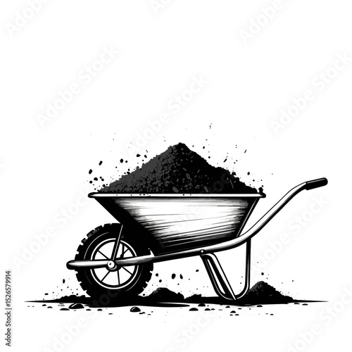 Wheelbarrow filled with black soil on a transparent background