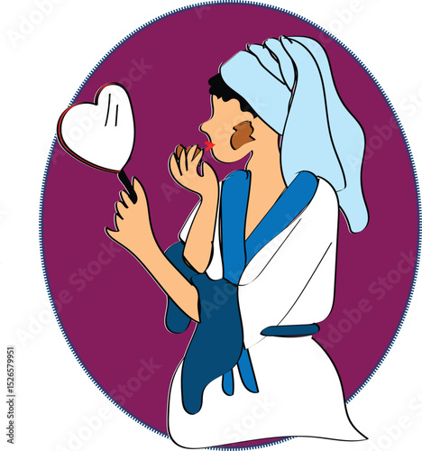  cartoon illustration of a woman applying makeup while looking in a mirror. She is wearing a bathrobe and a towel on her head, suggesting she is getting ready. Applying sun cream illustration