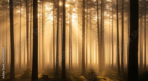 Golden sunbeams pierce through the misty forest creating a serene and tranquil woodland scene.