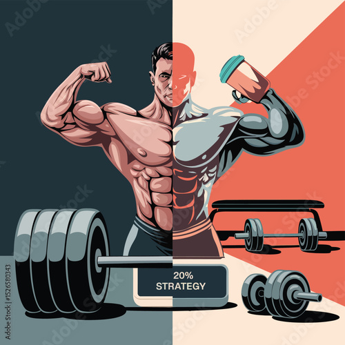 2d vector strong muscle pose strong body builder anatomy hairy at gym with bundle Doing exercises
