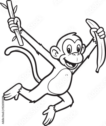A black and white cartoon sketch of a monkey swinging with a banana