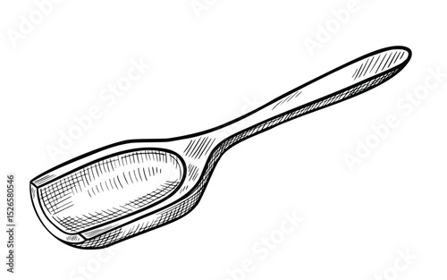 Vector illustration in outline style of wooden Scoop for herbs, spices, or seeds. Linear drawing of kitchen tool for culinary and apothecary design. Engraving of Spoon painted by black inks for recipe