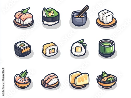Colorful sushi icons with fresh fish and traditional sides.