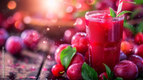 Wallpaper Mural A refreshing glass of plum juice surrounded by fresh plums, creating a vibrant and inviting atmosphere with a soft, blurred background. Torontodigital.ca