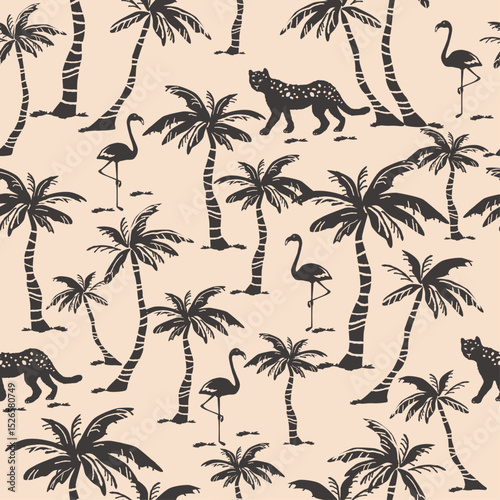 Seamless pattern of palm tree with exotic animals, Vector tropical background illustration.
