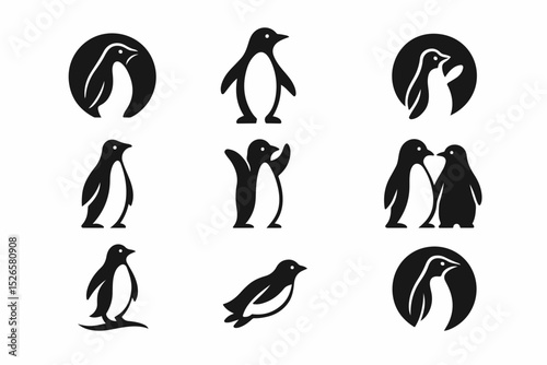 Collection of penguin and bird silhouettes, including an ice cream eating penguin, perfect for sport, fitness, yoga, or dance logos and healthy lifestyle illustrationsCollection of penguin and bird si